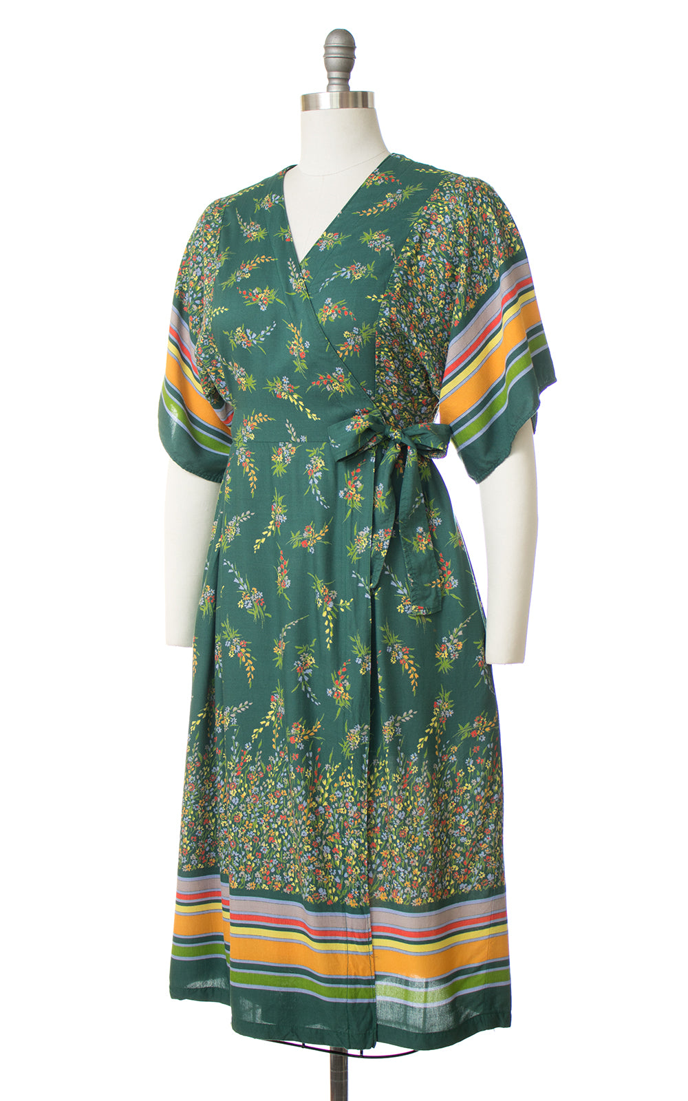 1970s Floral Striped Green Rayon Wrap Dress