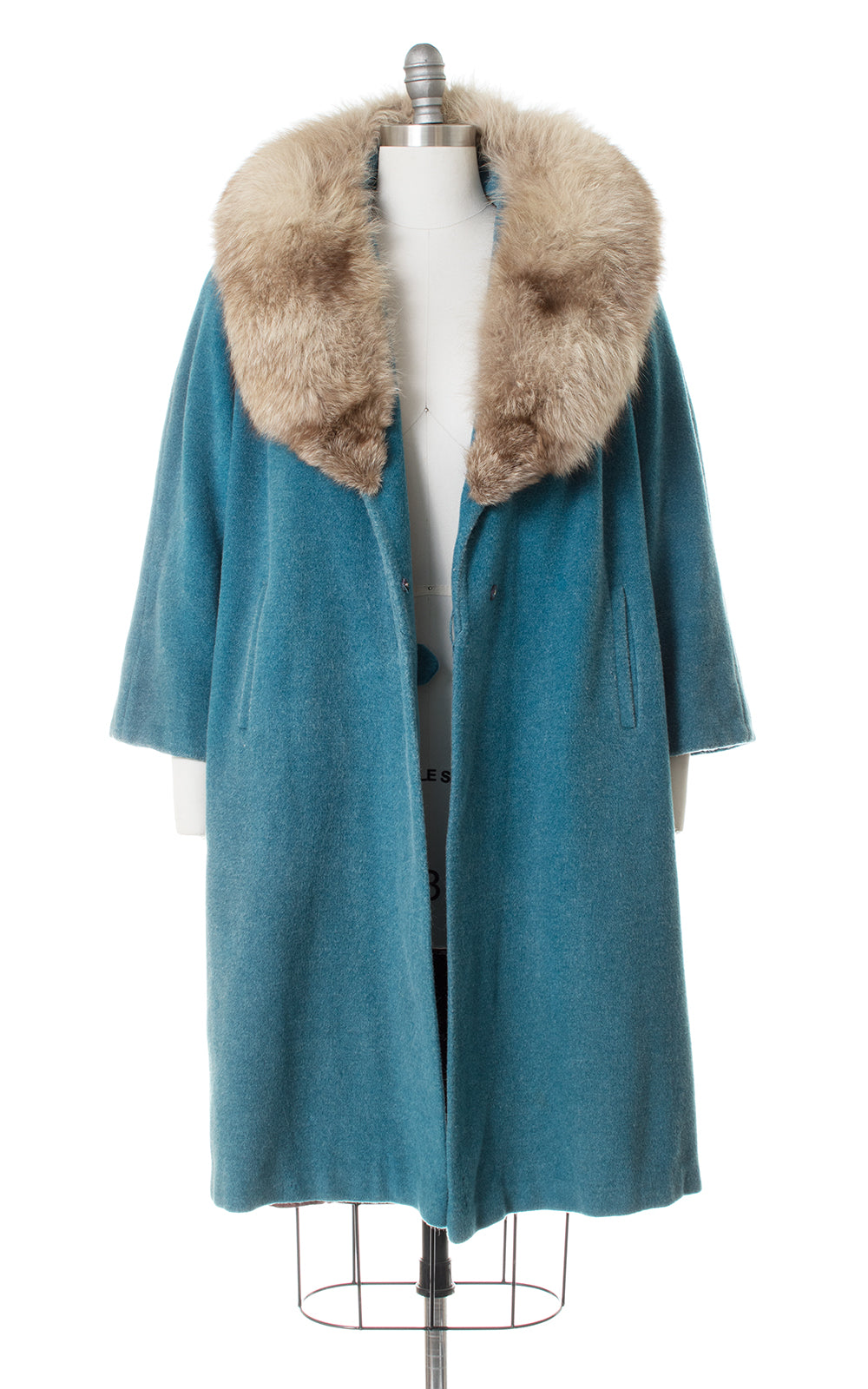 1950s Turquoise Wool & Fox Fur Collar Swing Coat