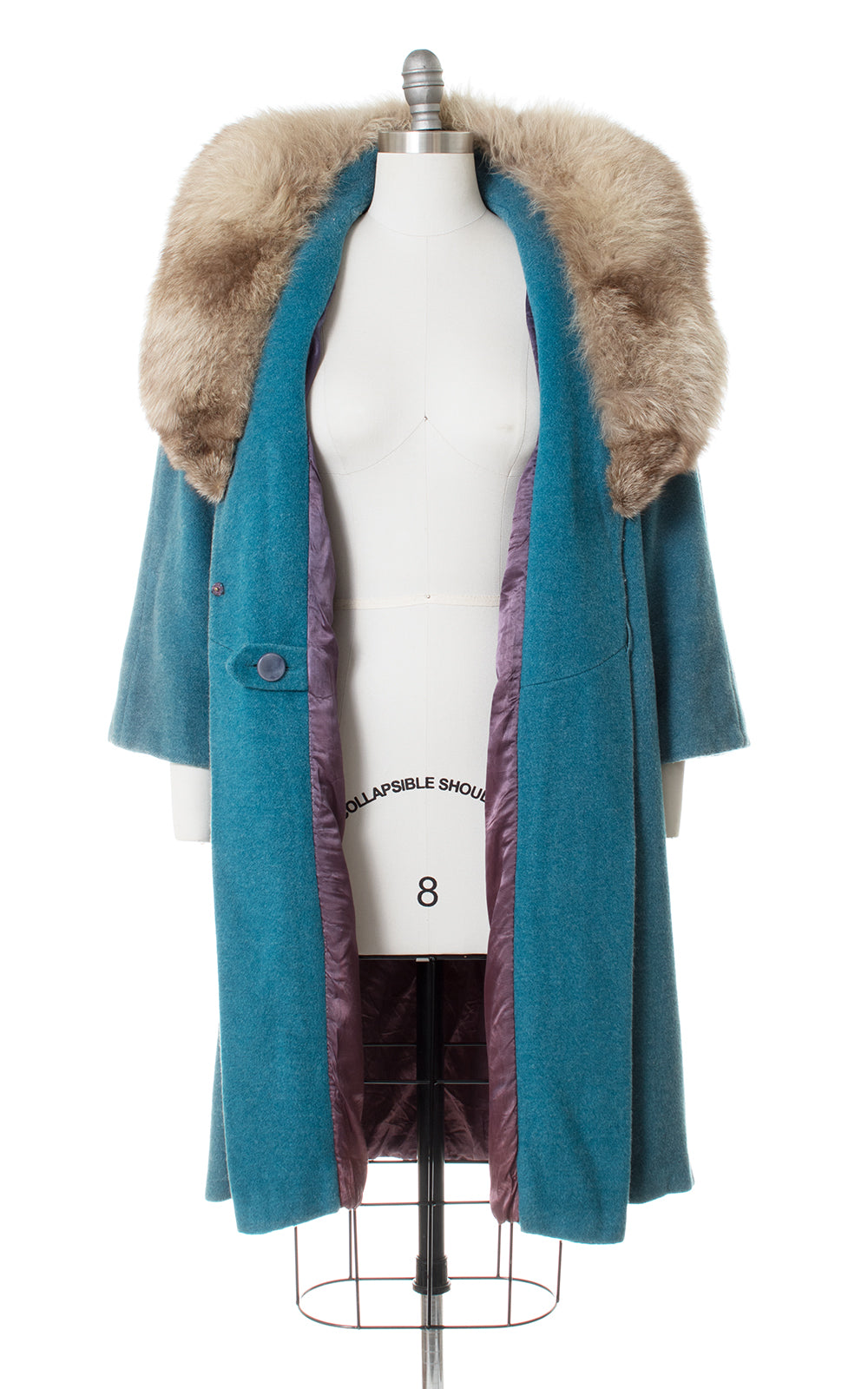 1950s Turquoise Wool & Fox Fur Collar Swing Coat