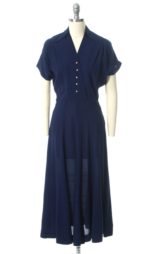 1940s Navy Blue Rayon Shirtwaist Dress with Rhinestone Buttons