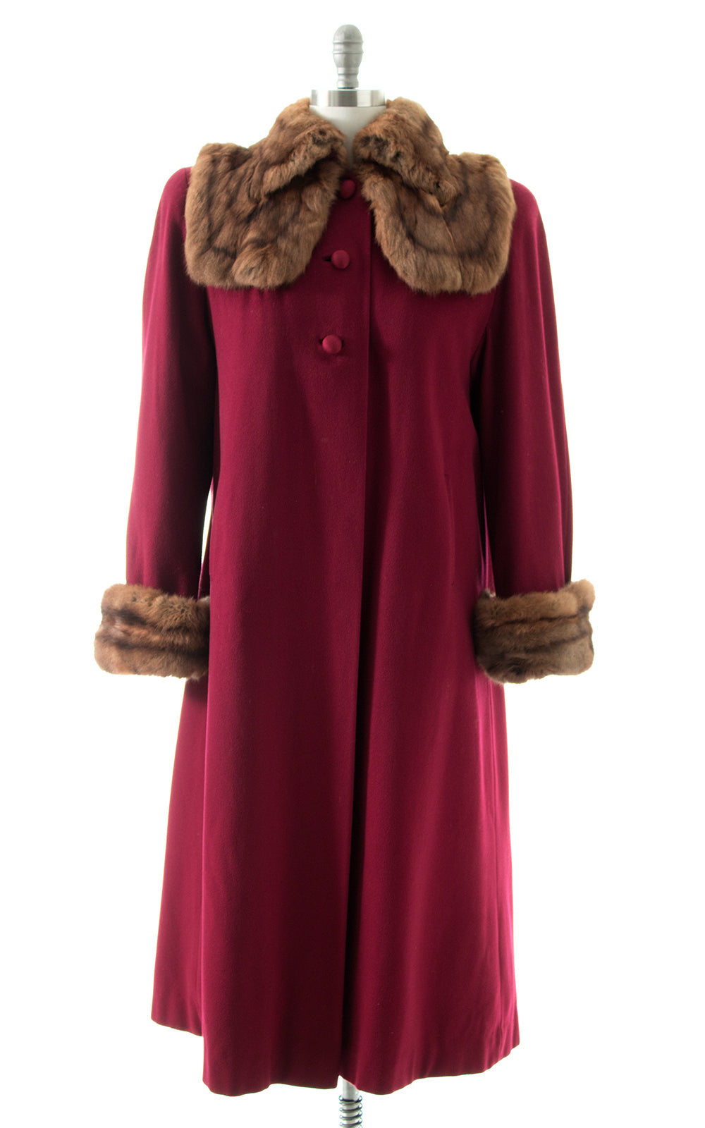 1940s Burgundy Wool & Fur Collar Cuffs Coat 