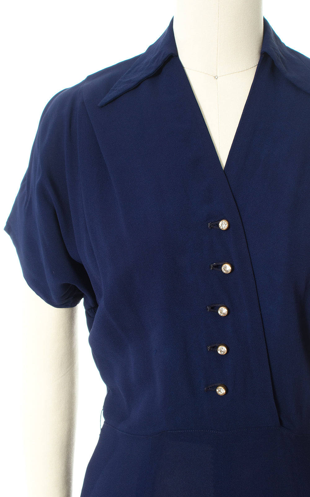 1940s Navy Blue Rayon Shirtwaist Dress with Rhinestone Buttons