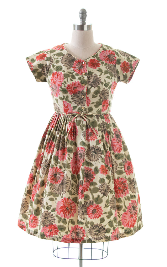 1950s Floral Cotton Shirtwaist Dress