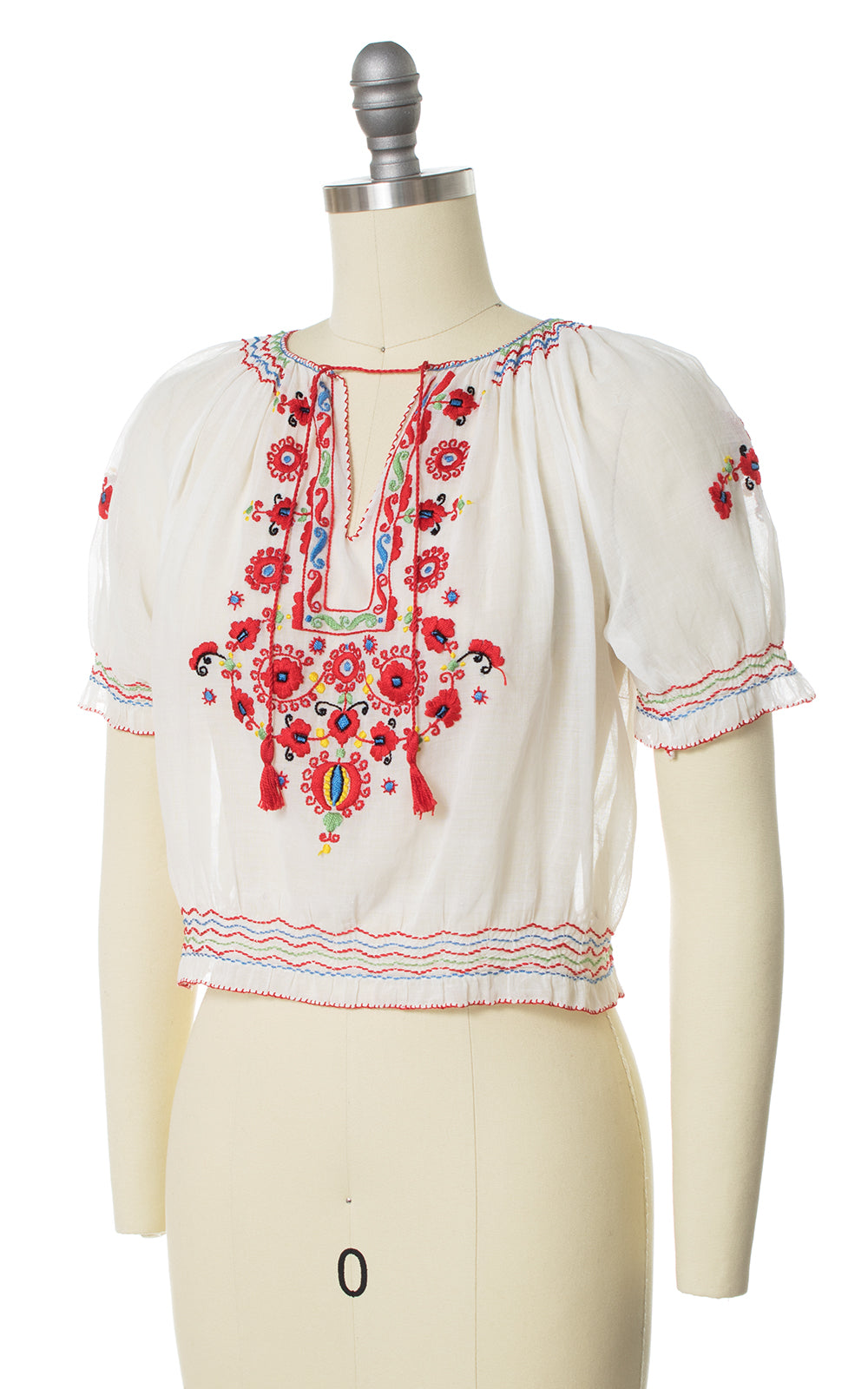1970s Floral Embroidered Sheer Peasant Top