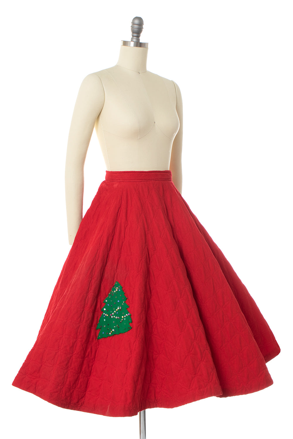 1950s Christmas Tree Sequin Quilted Corduroy Circle Skirt