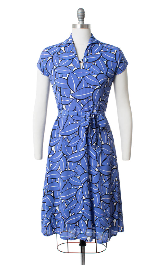 1960s Leaf Printed Blue Rayon Crepe Dress