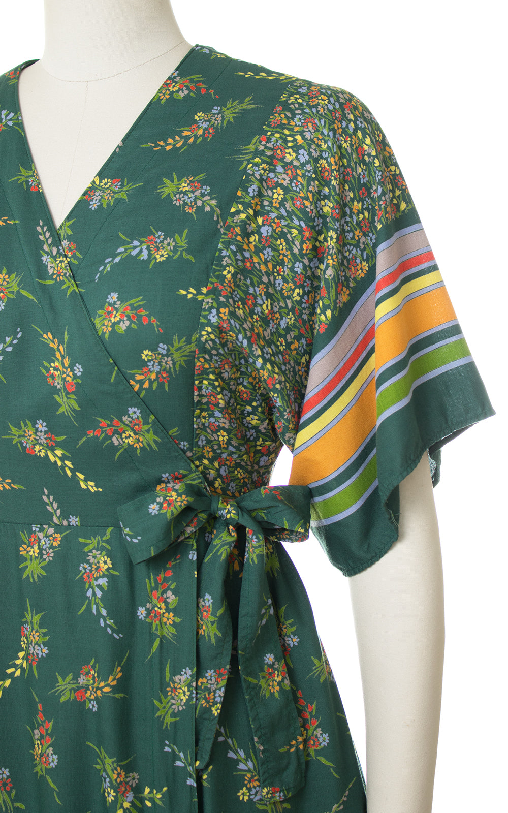 1970s Floral Striped Green Rayon Wrap Dress