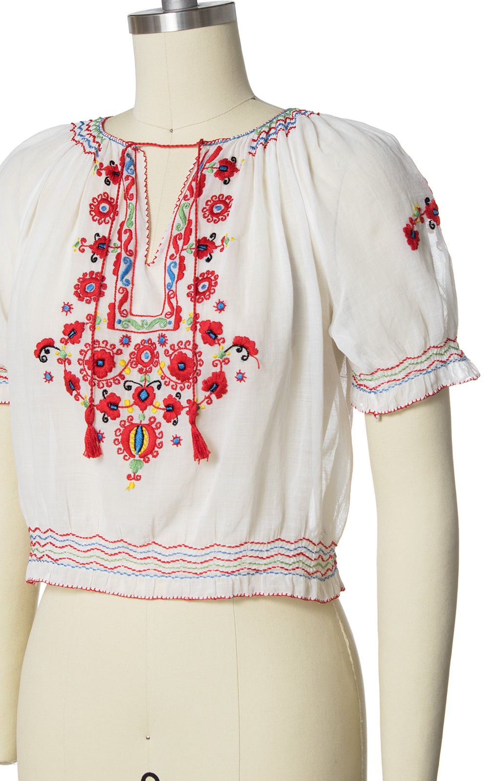 1970s Floral Embroidered Sheer Peasant Top