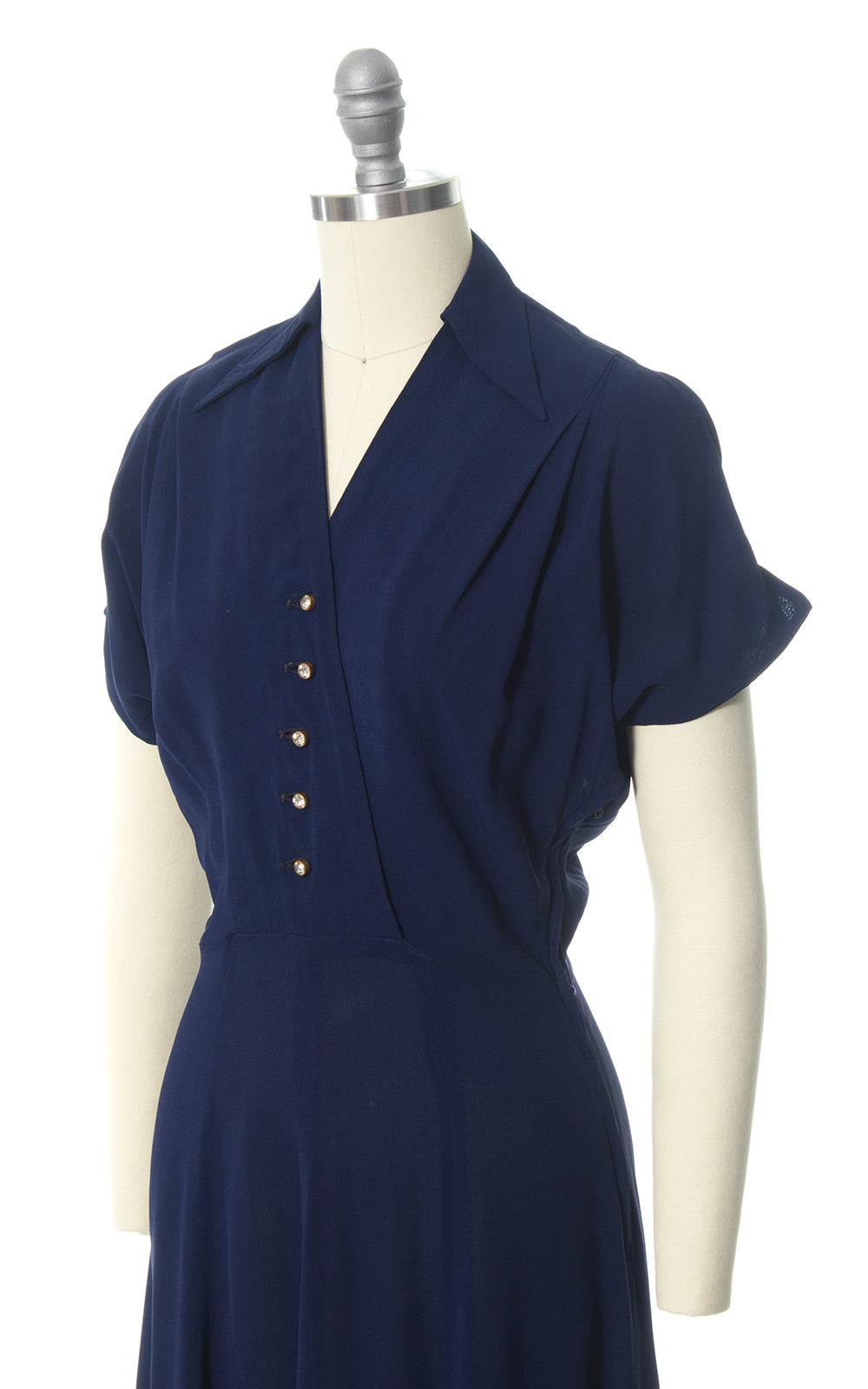 1940s Navy Blue Rayon Shirtwaist Dress with Rhinestone Buttons