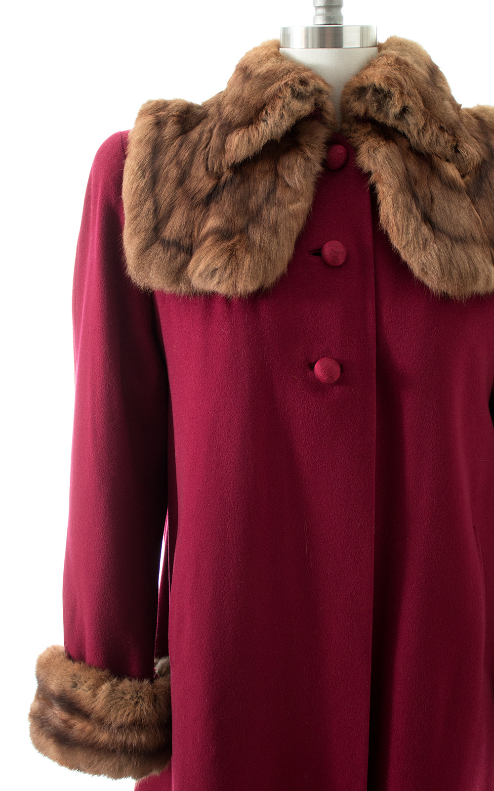 1940s Burgundy Wool & Fur Collar Cuffs Coat 