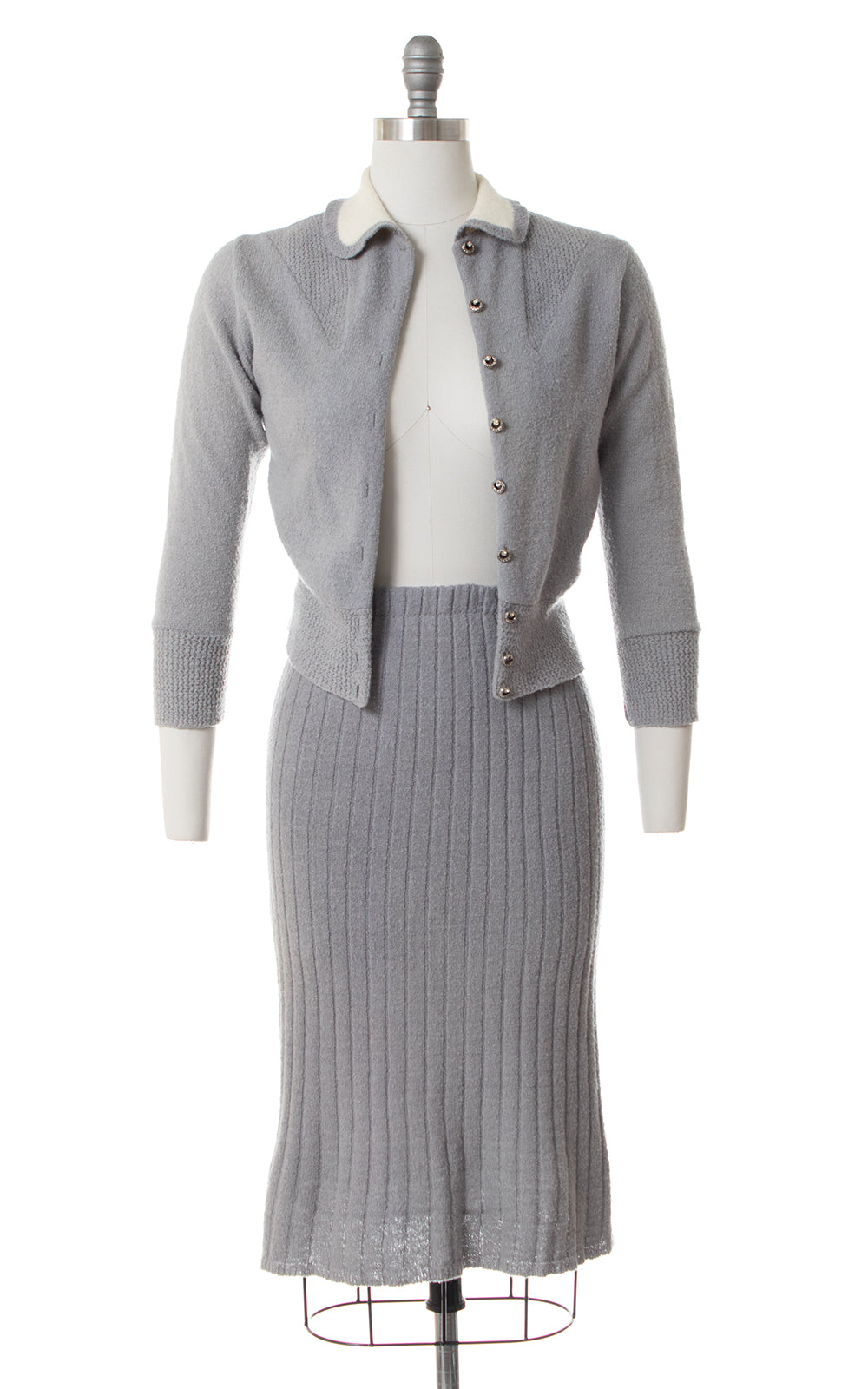 1950s Grey Wool Chenille Knit Sweater & Skirt Set