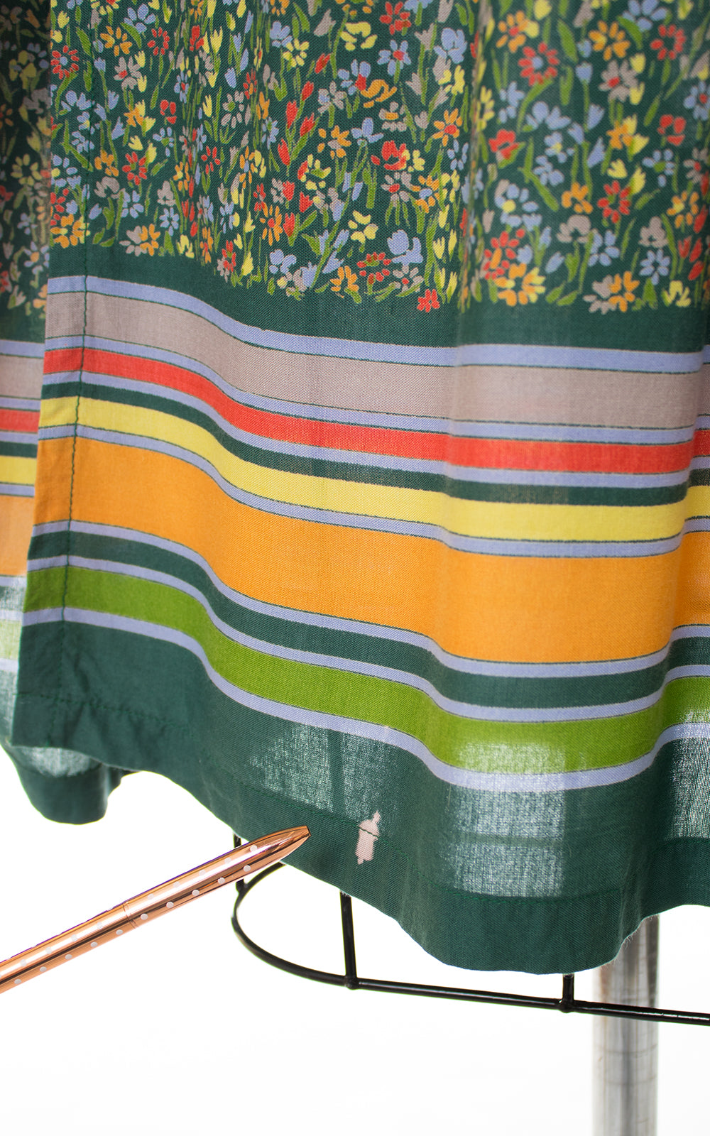 1970s Floral Striped Green Rayon Wrap Dress