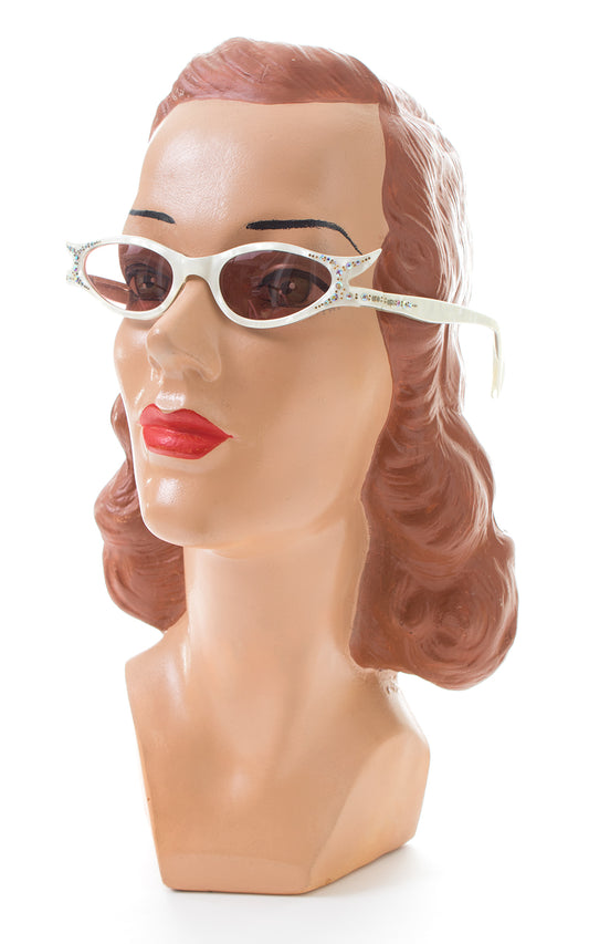 1950s Rhinestone Pearlescent Carved Lucite Cat Eye Sunglasses