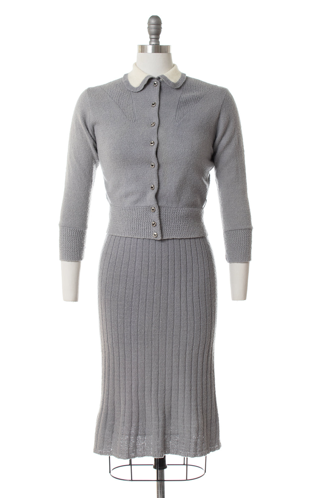 1950s Grey Wool Chenille Knit Sweater & Skirt Set