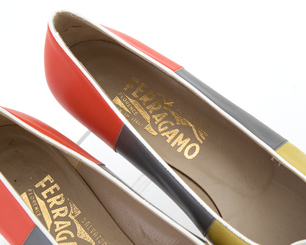 Vintage Ferragamo Color Block Leather Ballet Flats