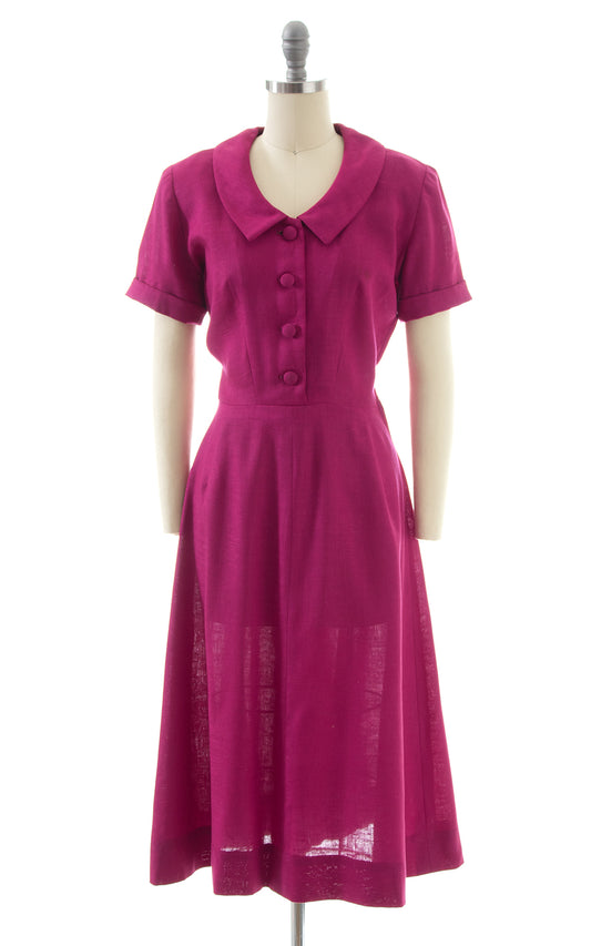 1950s Fuchsia Linen Shirtwaist Dress