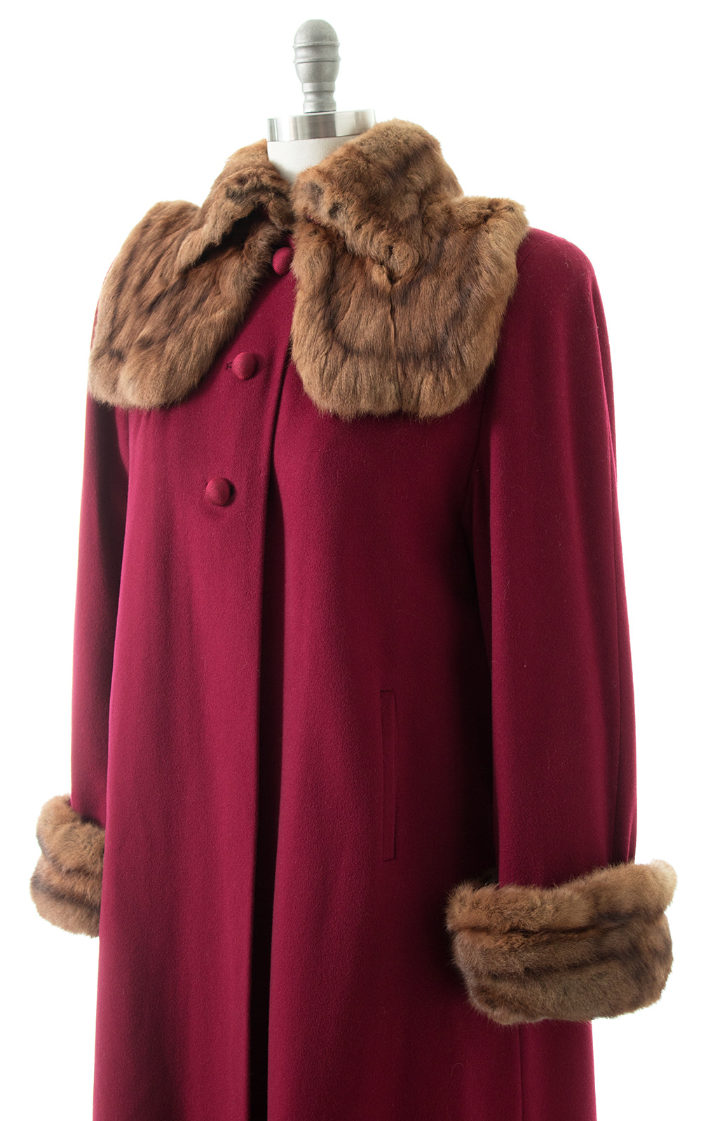 1940s Burgundy Wool & Fur Collar Cuffs Coat 