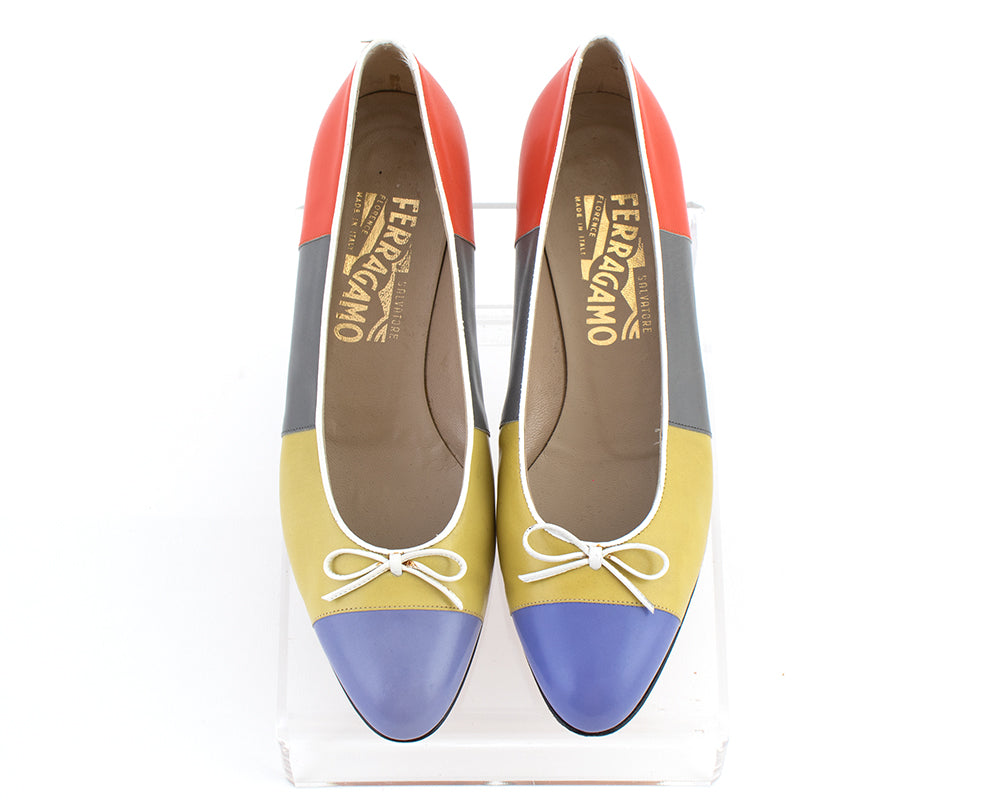 Vintage Ferragamo Color Block Leather Ballet Flats