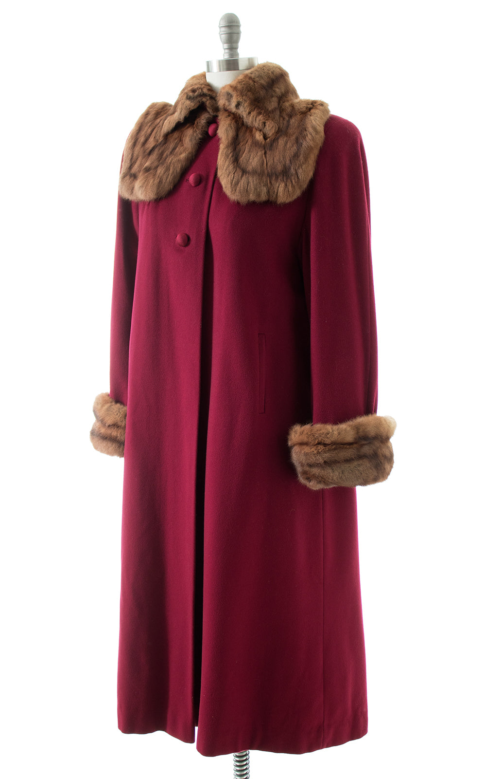 1940s Burgundy Wool & Fur Collar Cuffs Coat 