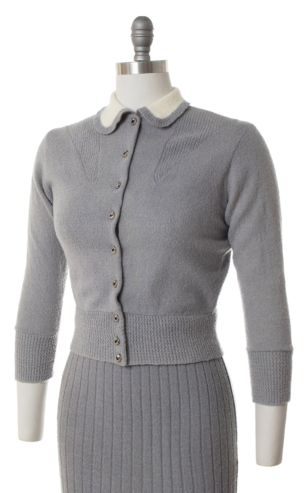 1950s Grey Wool Chenille Knit Sweater & Skirt Set