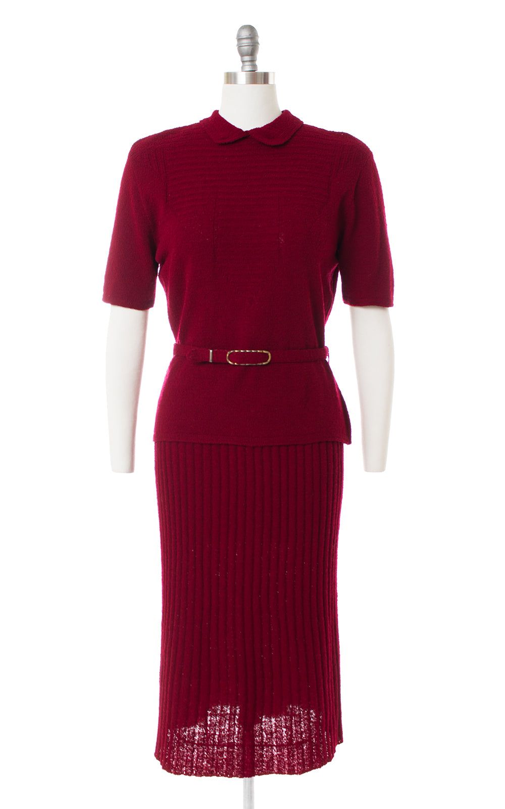 1940s Burgundy Knit Wool Sweater, Skirt & Belt Set