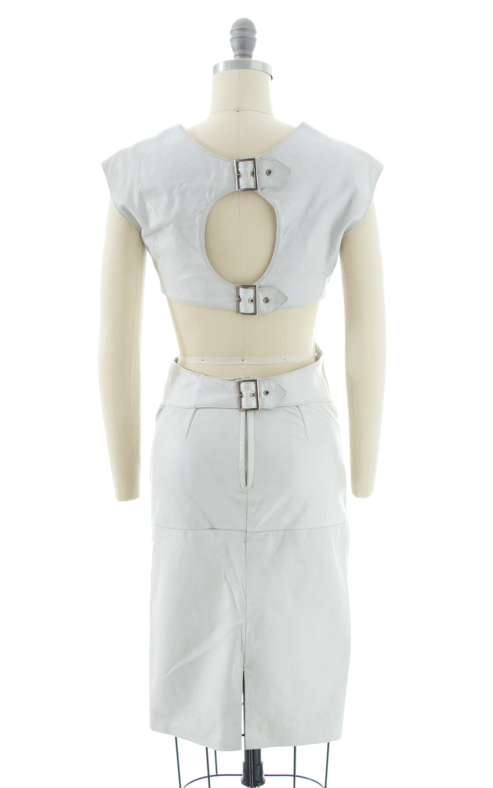1980s Buckled Open Back Leather Wiggle Dress