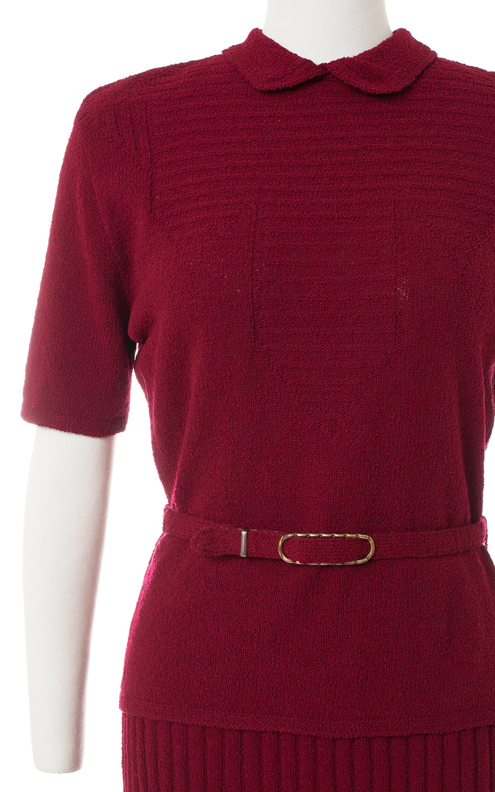 1940s Burgundy Knit Wool Sweater, Skirt & Belt Set