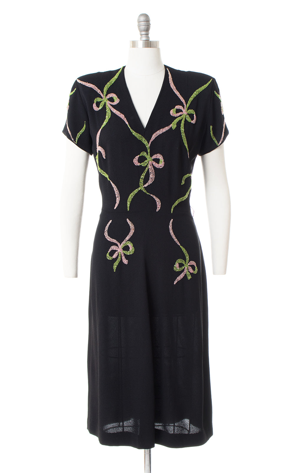 1940s Beaded Bows Rayon Crepe Dress