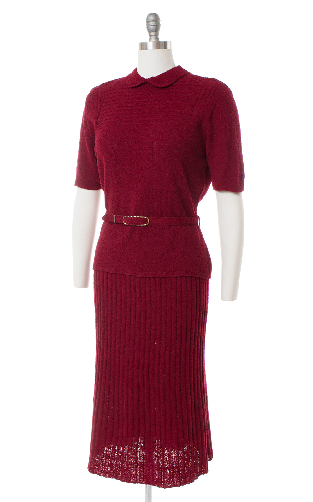 1940s Burgundy Knit Wool Sweater, Skirt & Belt Set