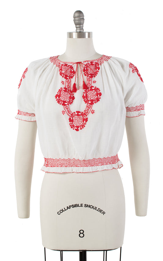 1950s Floral Embroidered Sheer Peasant Top