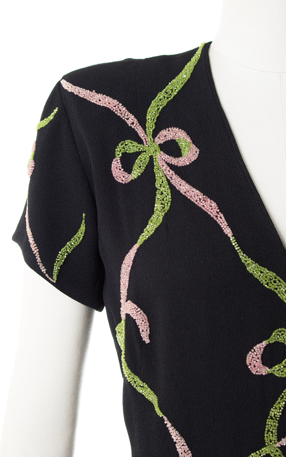1940s Beaded Bows Rayon Crepe Dress