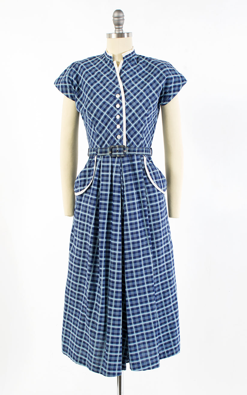 1950s Blue Plaid Cotton Shirtwaist Dress