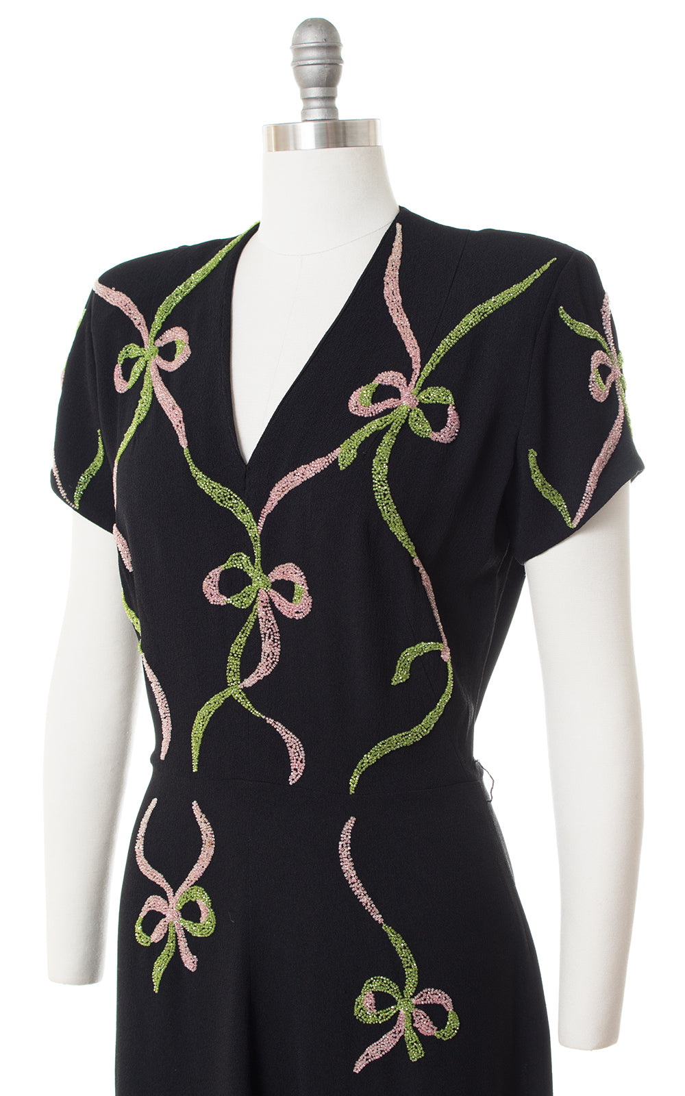 1940s Beaded Bows Rayon Crepe Dress