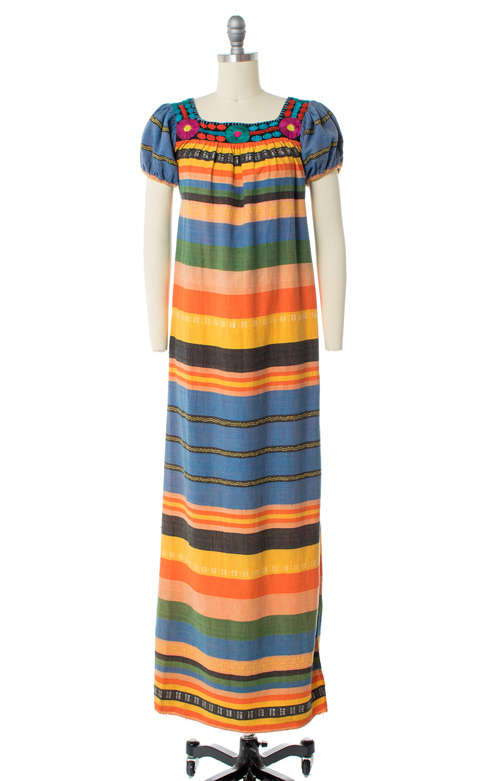 1970s Embroidered Striped Maxi Dress