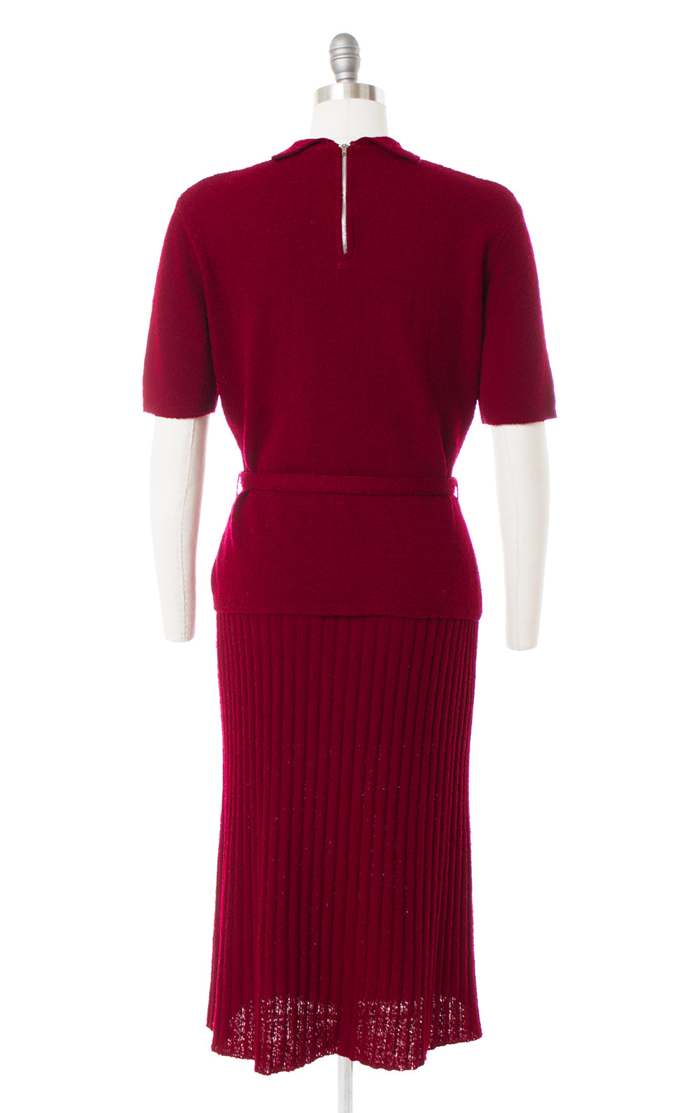 1940s Burgundy Knit Wool Sweater, Skirt & Belt Set