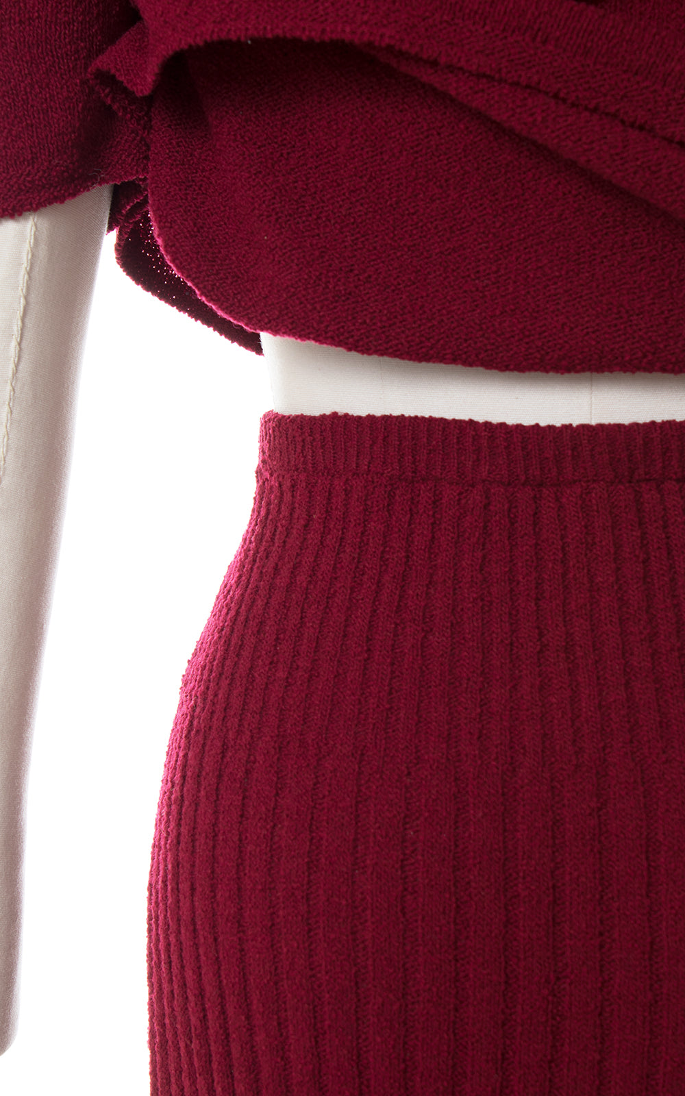 1940s Burgundy Knit Wool Sweater, Skirt & Belt Set