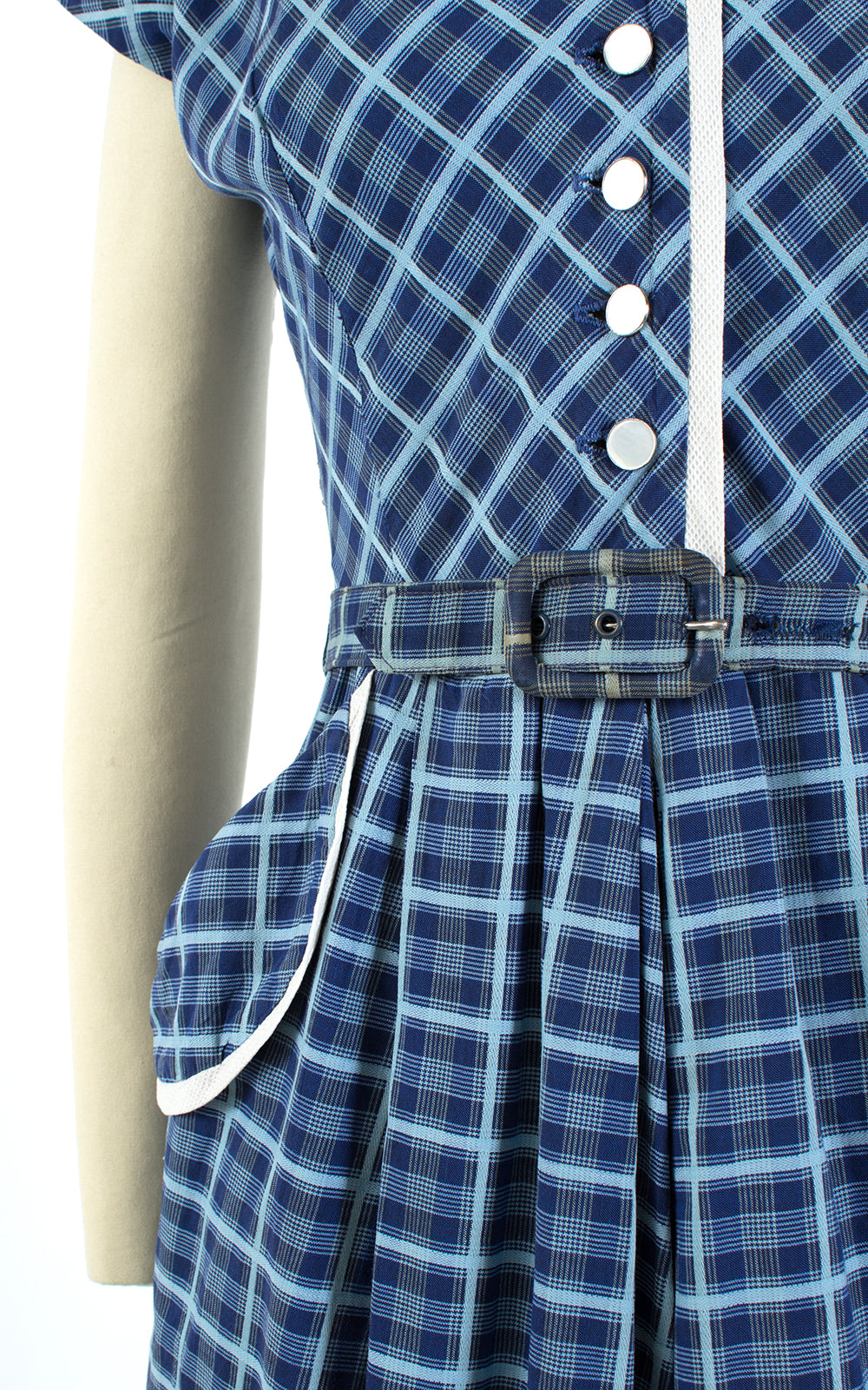 1950s Blue Plaid Cotton Shirtwaist Dress | small