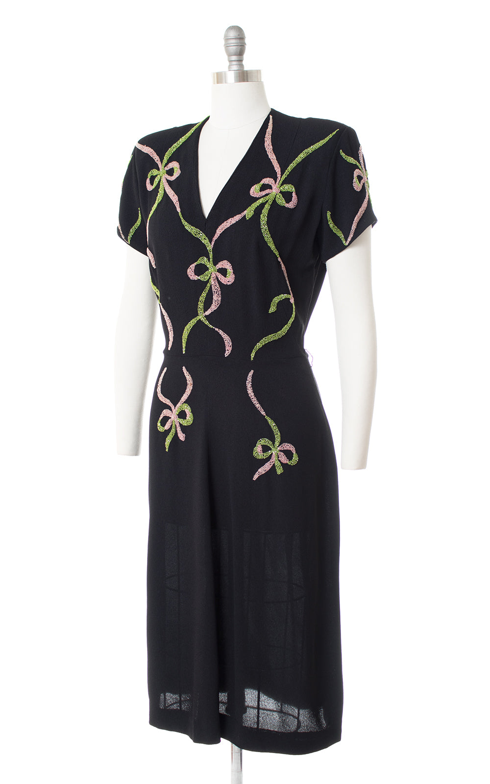 1940s Beaded Bows Rayon Crepe Dress