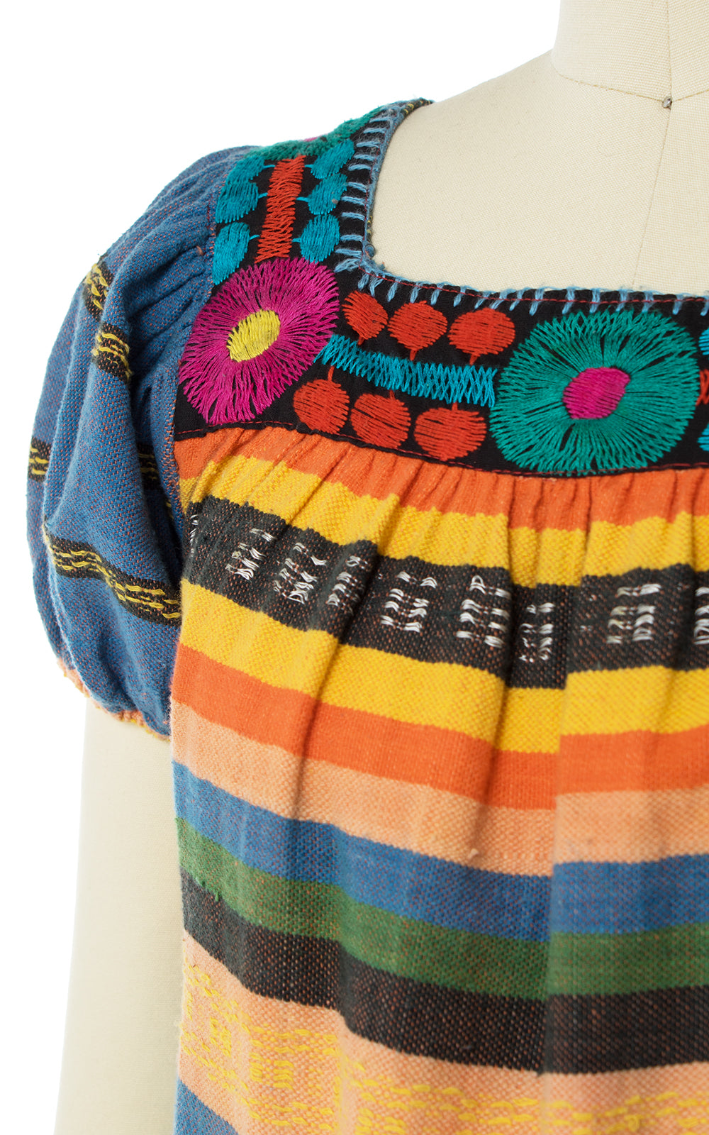 1970s Embroidered Striped Maxi Dress