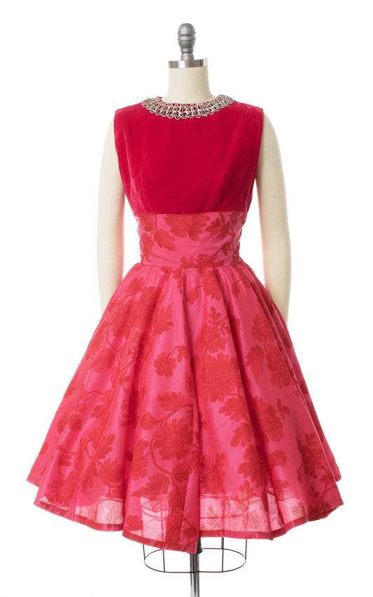 1960s Rose Velvet & Taffeta Circle Skirt Party Dress