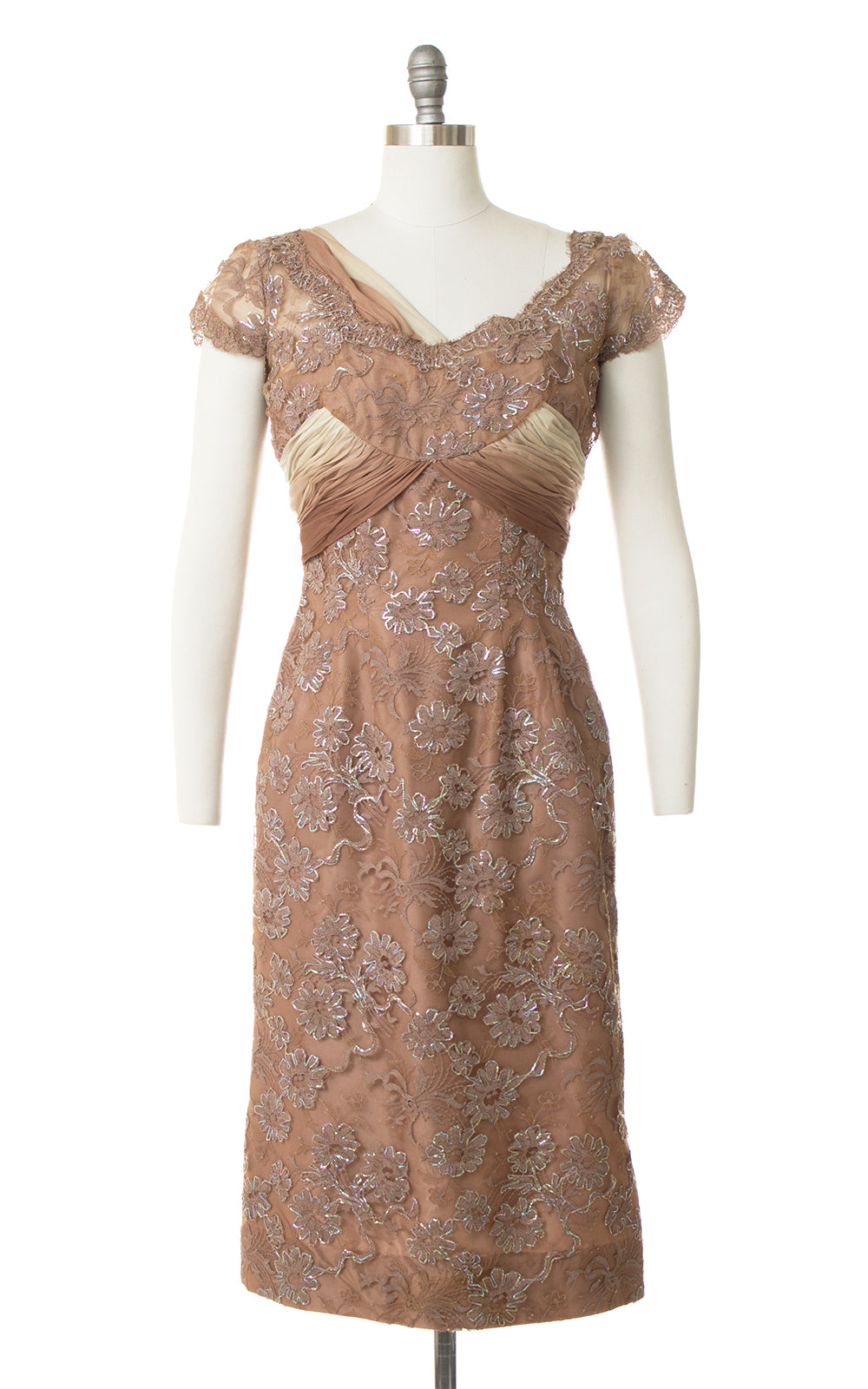 1950s Silk Chiffon Train + Lace Wiggle Dress