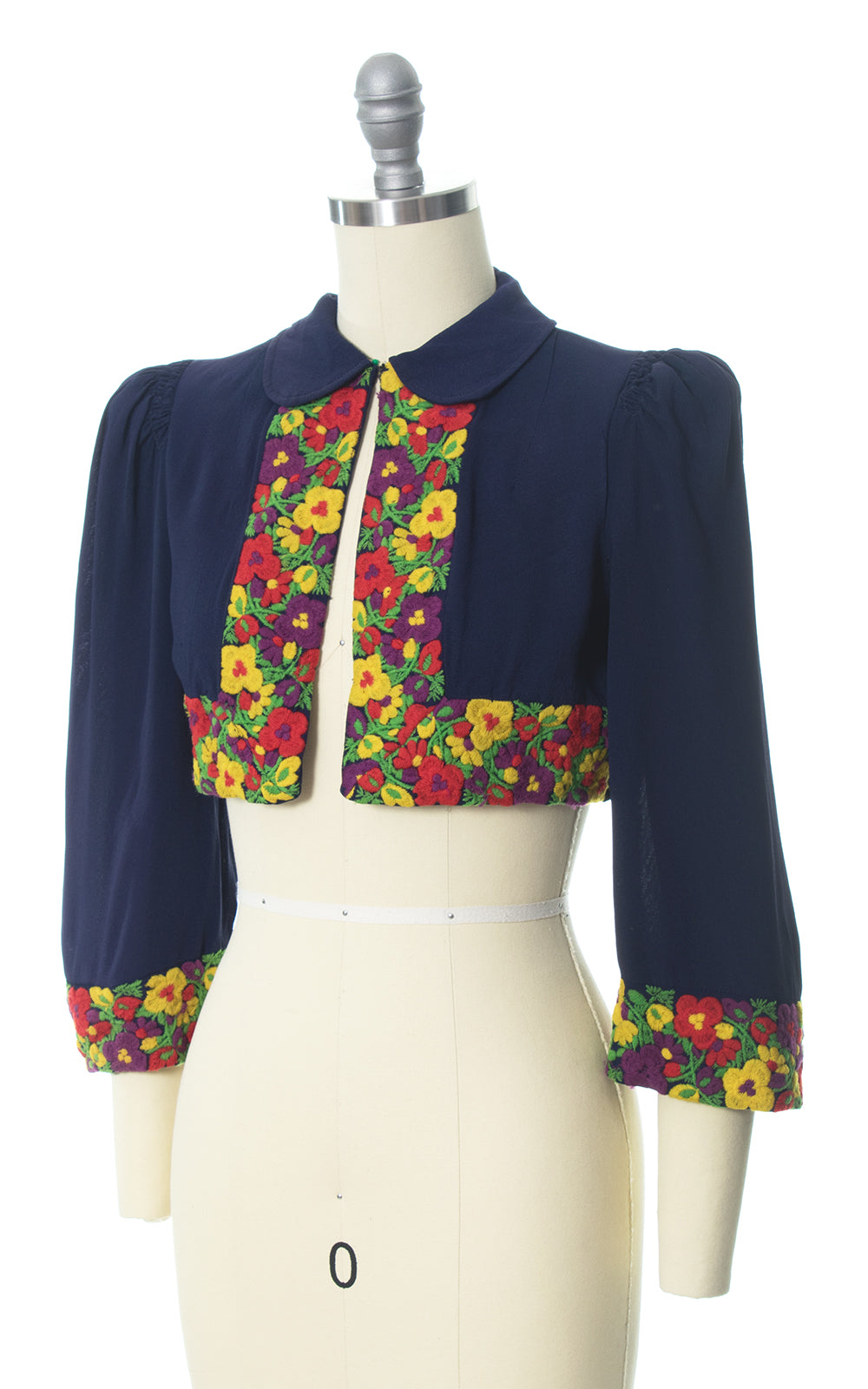 1930s Floral Embroidered Navy Blue Rayon Bolero Jacket