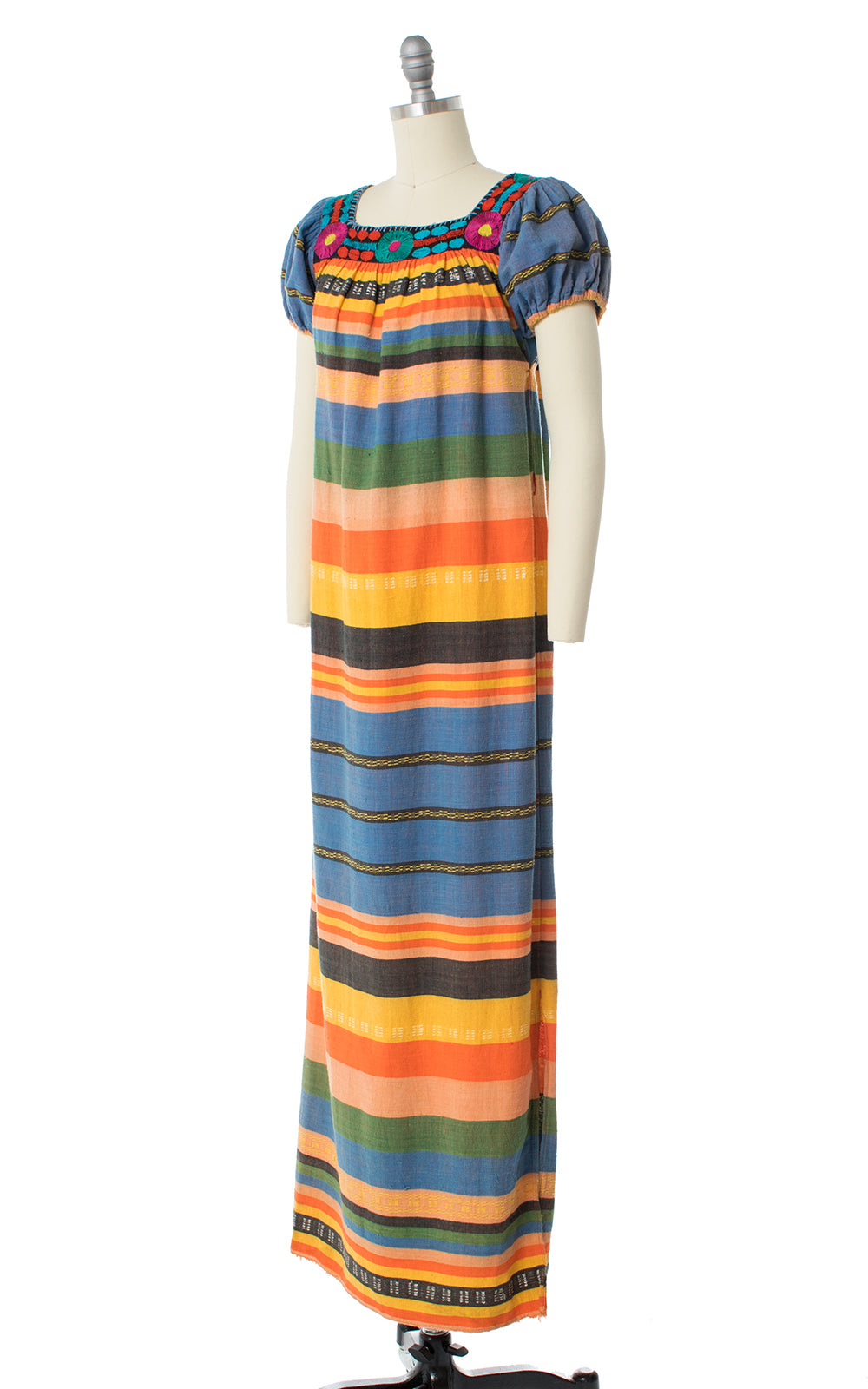 1970s Embroidered Striped Maxi Dress