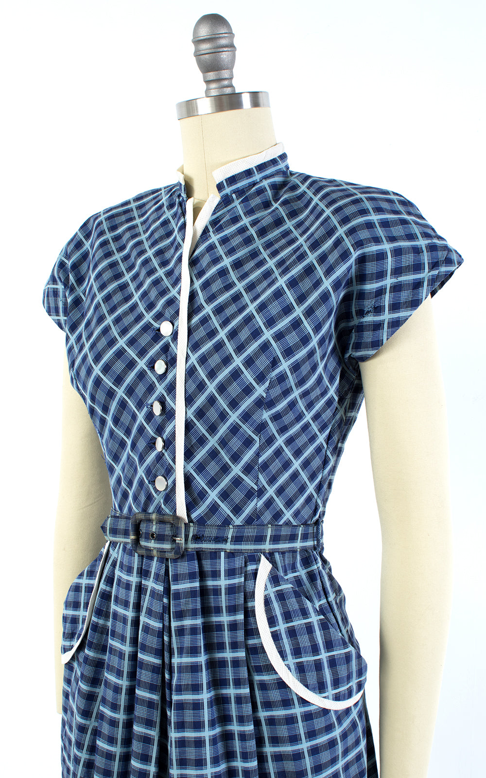 1950s Blue Plaid Cotton Shirtwaist Dress | small