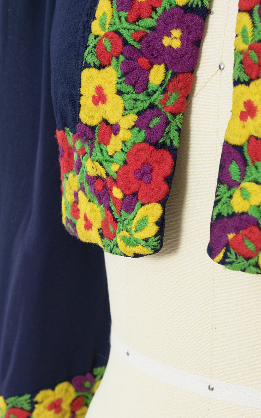 1930s Floral Embroidered Navy Blue Rayon Bolero Jacket