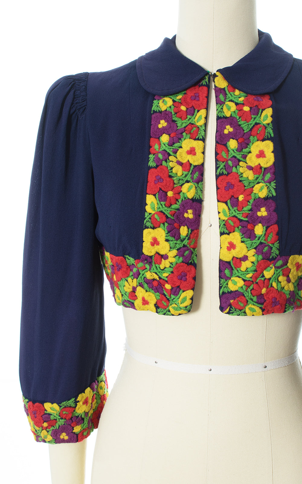 1930s Floral Embroidered Navy Blue Rayon Bolero Jacket