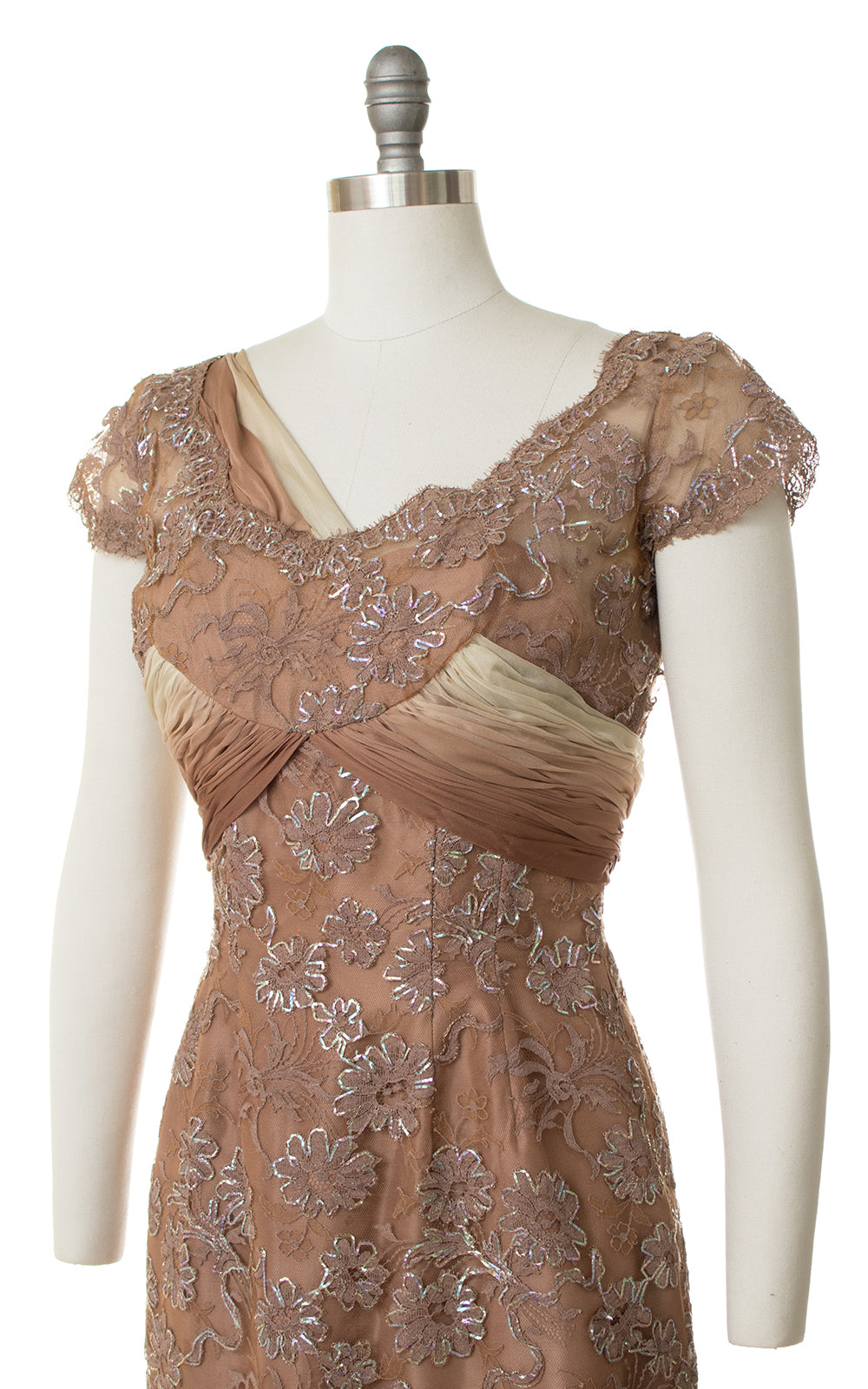 1950s Silk Chiffon Train + Lace Wiggle Dress