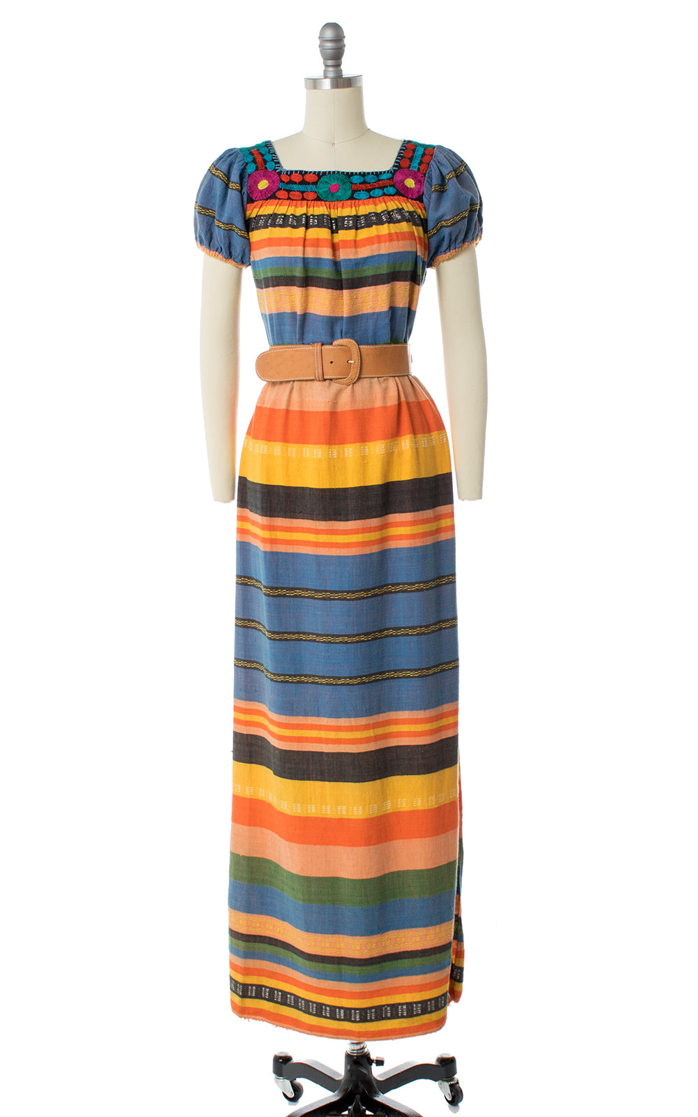 1970s Embroidered Striped Maxi Dress