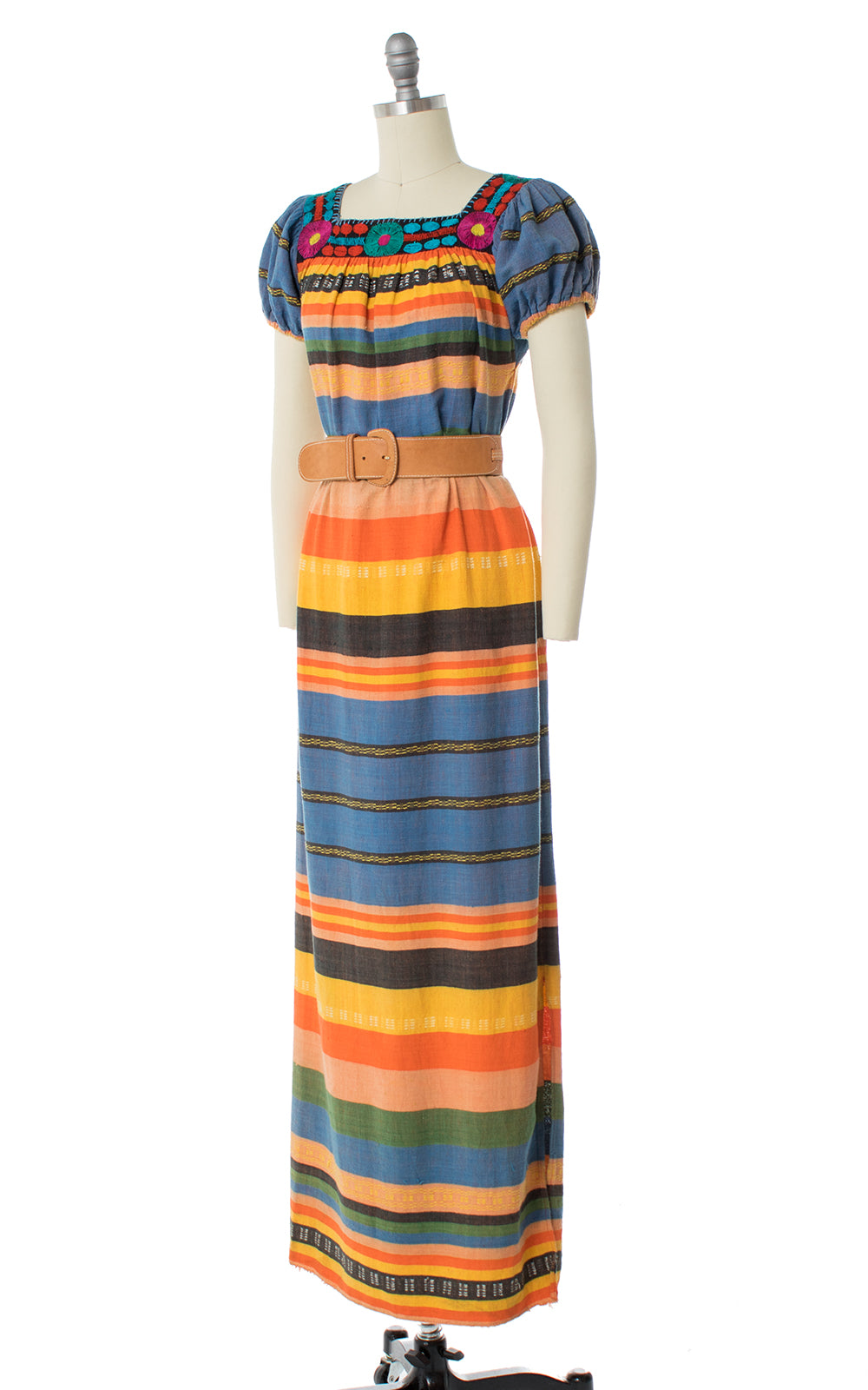 1970s Embroidered Striped Maxi Dress