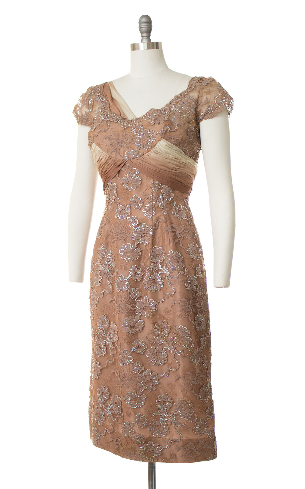 1950s Silk Chiffon Train + Lace Wiggle Dress